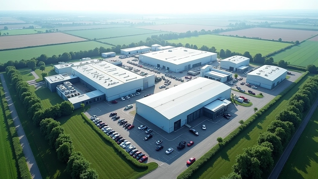 Industriegebiet mit Fabrikhallen und Lagerhäusern, Luftaufnahme einer Zuliefereranlage in Süddeutschland