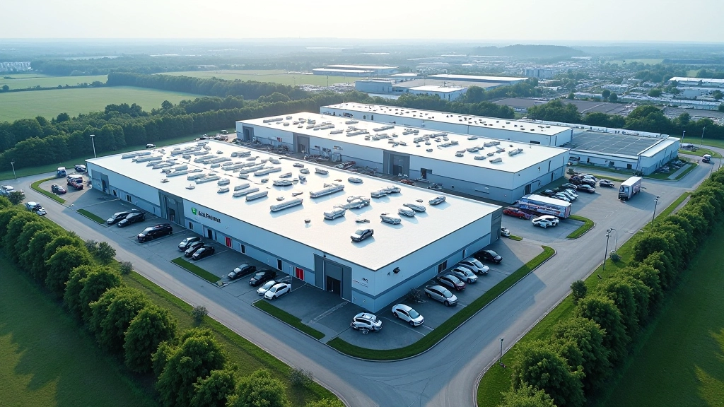 Luftaufnahme von Fabrikarealen in Baden-Württemberg mit modernen Produktionshallen und Logistikzentren