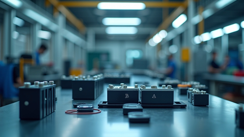 Batteriemodule und Lithium-Komponenten in einer modernen Fabrik, technische Montage