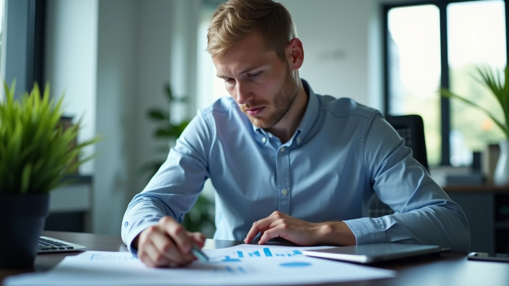 Geschäftsanalyst mit Laptop betrachtet Wirtschaftsdaten und Grafiken an einem Schreibtisch