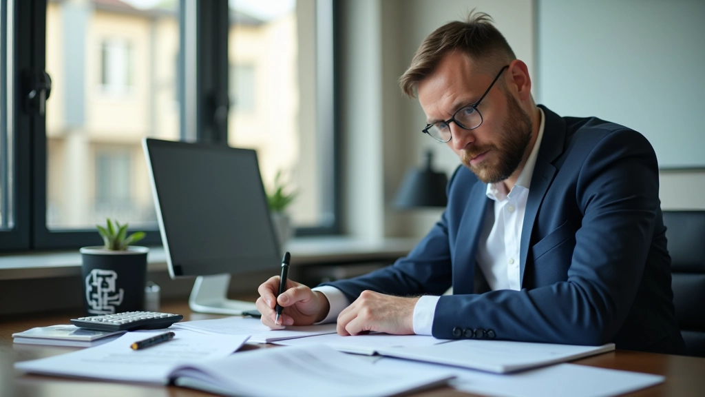 Wirtschaftswissenschaftler bei der Arbeit an Schreibtisch mit Papieren, Notizbücher und Taschenrechner, konzentrierter Blick auf Analysen, modernes Büro, natürliches Licht von vorne