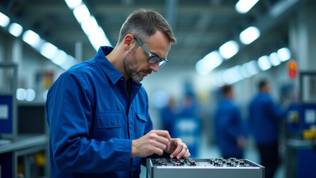 Ingenieur überprüft Batteriemanagement-Komponente in moderner Zulieferfertigung