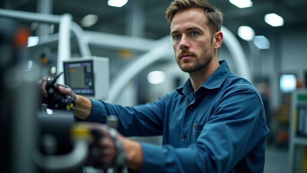 Arbeiter in einer Fabrik bedient eine Maschine in einer modernen Produktionsstätte