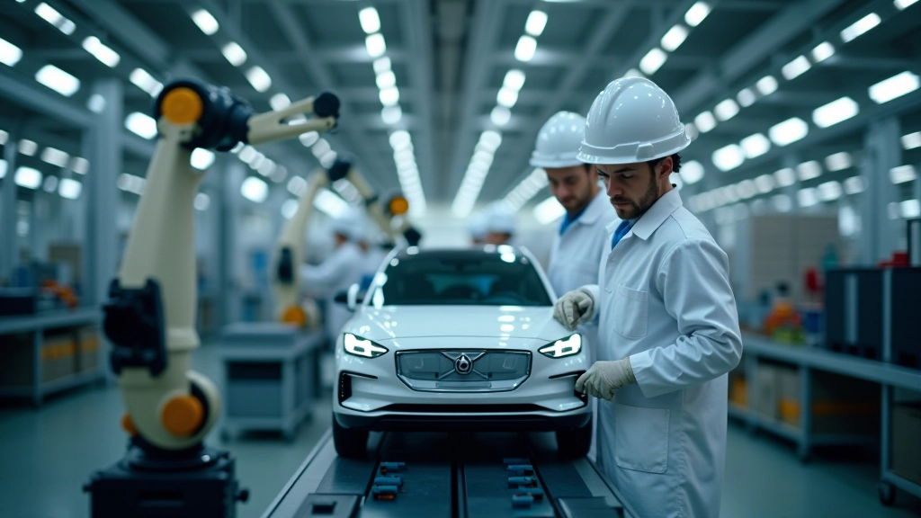 Volkswagen Produktionslinie mit Robotern bei der Montage von Elektrofahrzeug-Batterien