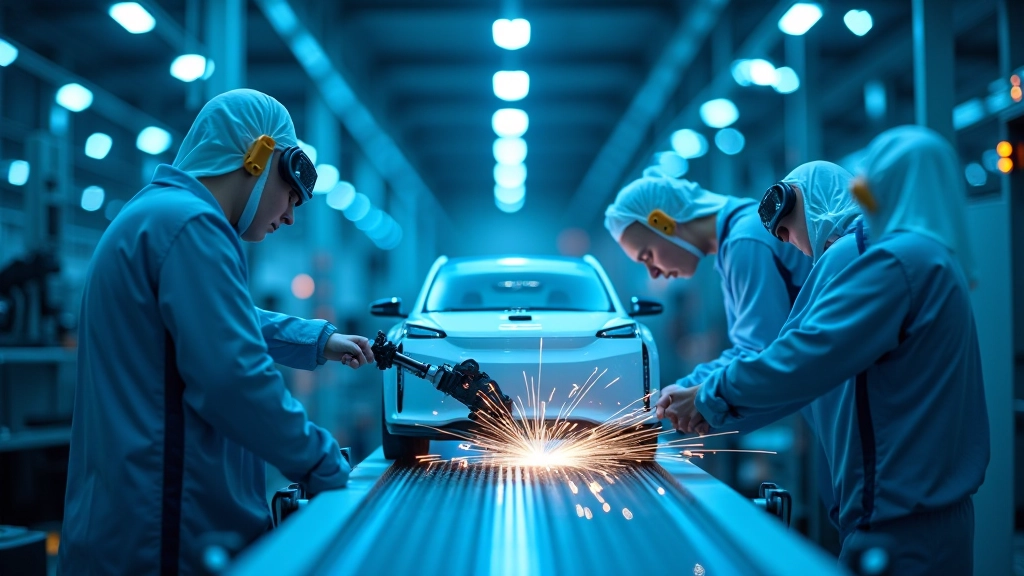 Fertigungshalle mit modernen Robotern und Elektrofahrzeug-Montagelinien