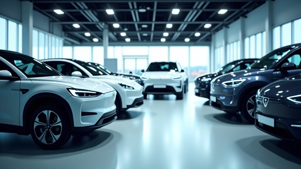 Elektrofahrzeuge in verschiedenen Modellen aufgereiht in einer Showroom-Umgebung