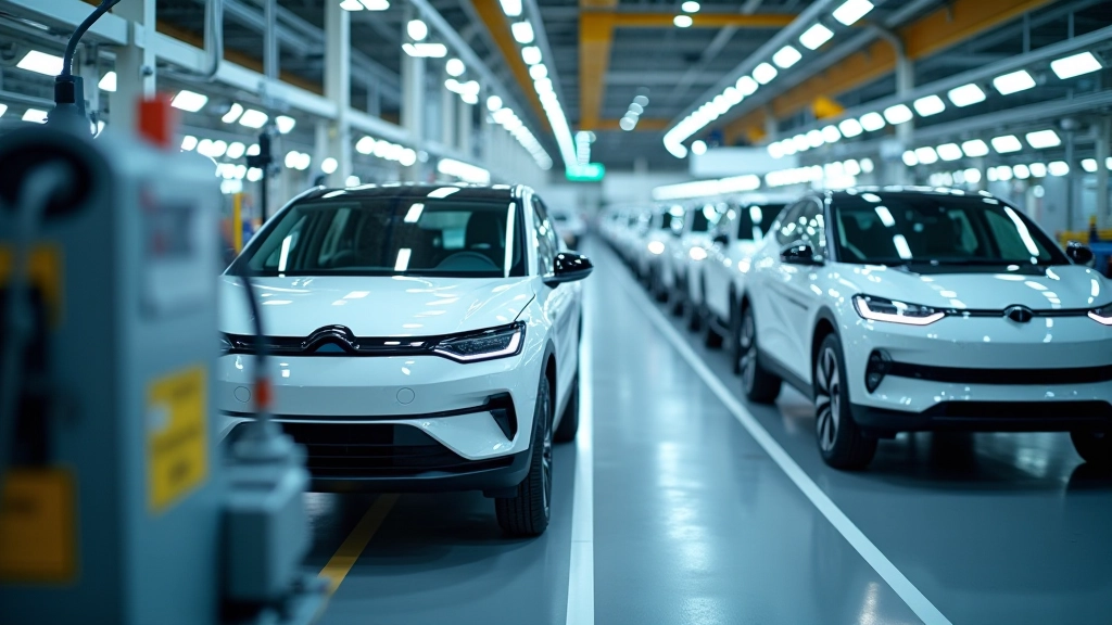 Moderne Elektrofahrzeuge in einer Produktionshalle mit Robotern und Fließbändern