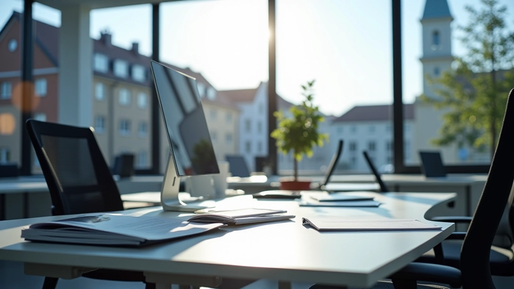 Modernes Forschungsbüro mit Schreibtisch, Computern und Fachzeitschriften zur Automobilindustrie, helles Tageslicht, Stuttgart-typische urbane Architektur im Hintergrund durch Fenster