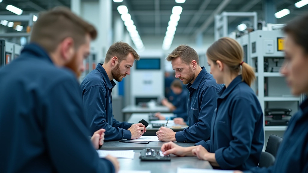 Trainer und Mitarbeiter in einem modernen Schulungsraum, Elektrotechnik-Ausbildung mit Praxisgeräten